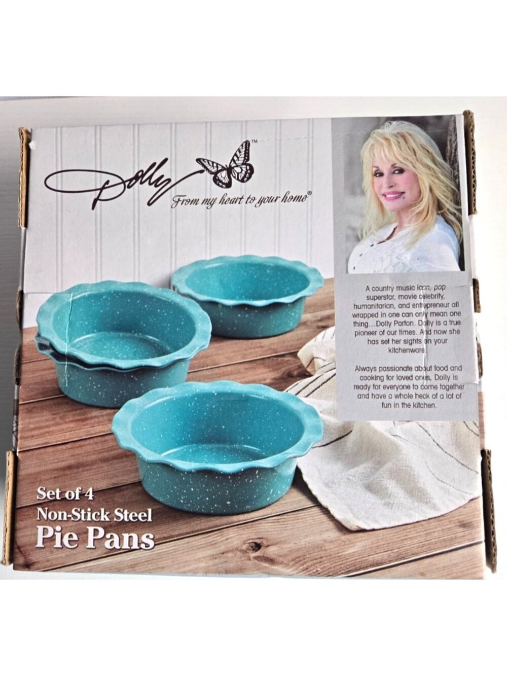 Dolly Parton 6-inch Turquoise Blue Non-Stick Pie Pans Set BRAND NEW Set of 4 - Picture 2 of 10